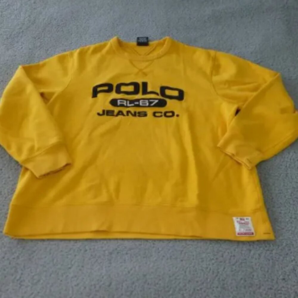 VTG Polo Ralph Lauren Jeans Co Sweatshirt Mens L Yellow Y2K Crewneck Spellout